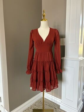 Altar'd State Rust Red Long-Sleeve V-Neck Tiered Dress